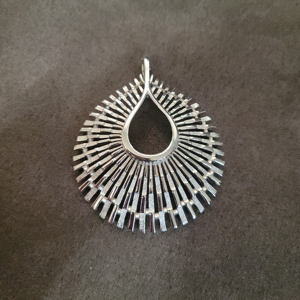 Vintage Crown Trifari Mid Century Pendant Silver Tone Openwork Textured